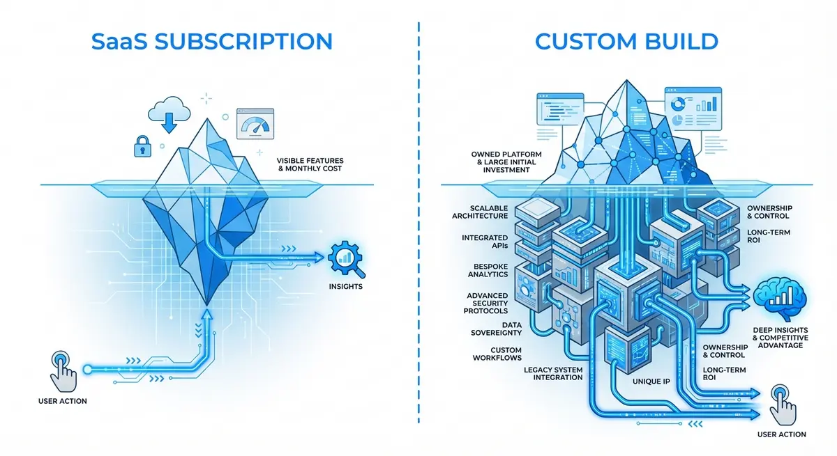 Infographic comparing SaaS subscription fees versus custom AI event tracking cost structures