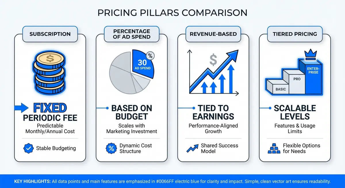 Infographic comparing AI Facebook ads management pricing models: Subscription, Percentage, Revenue, and Tiered