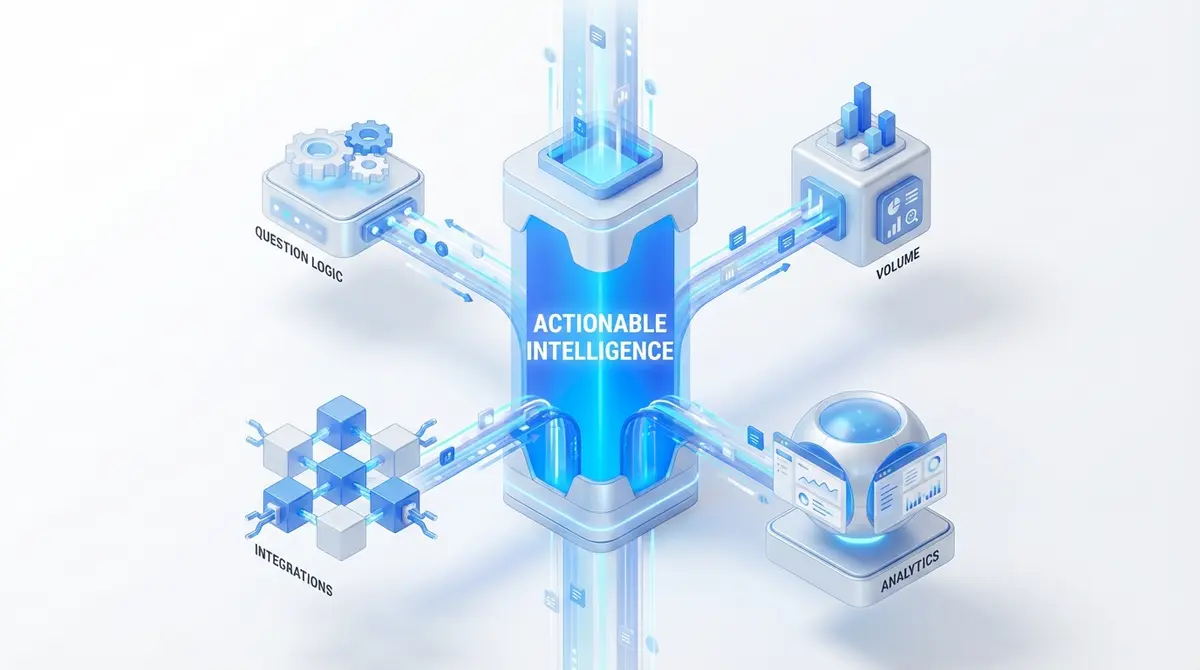 Infographic showing factors influencing AI feedback form pricing including logic, volume, and analytics