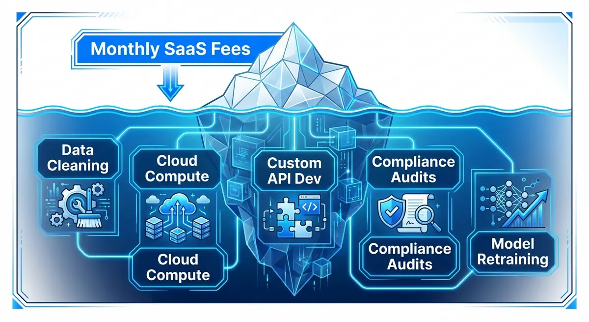 Infographic showing the hidden ai first-party data tracking cost components like an iceberg