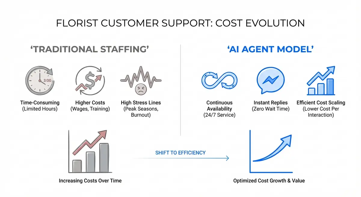 Infographic comparing traditional florist staffing costs versus AI florist agent pricing models