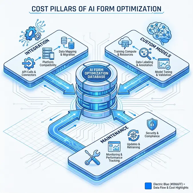 Infographic showing key factors influencing AI form optimization cost