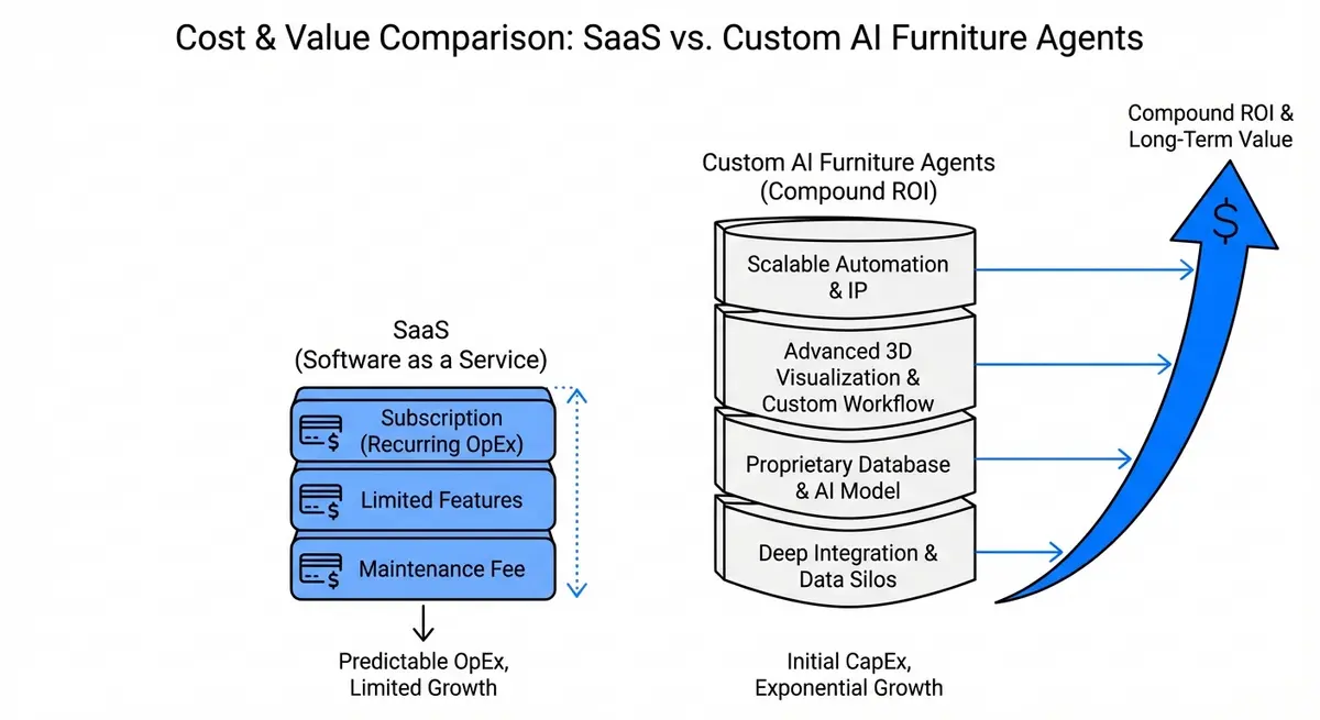 Infographic comparing SaaS vs Custom ai furniture store agent pricing models