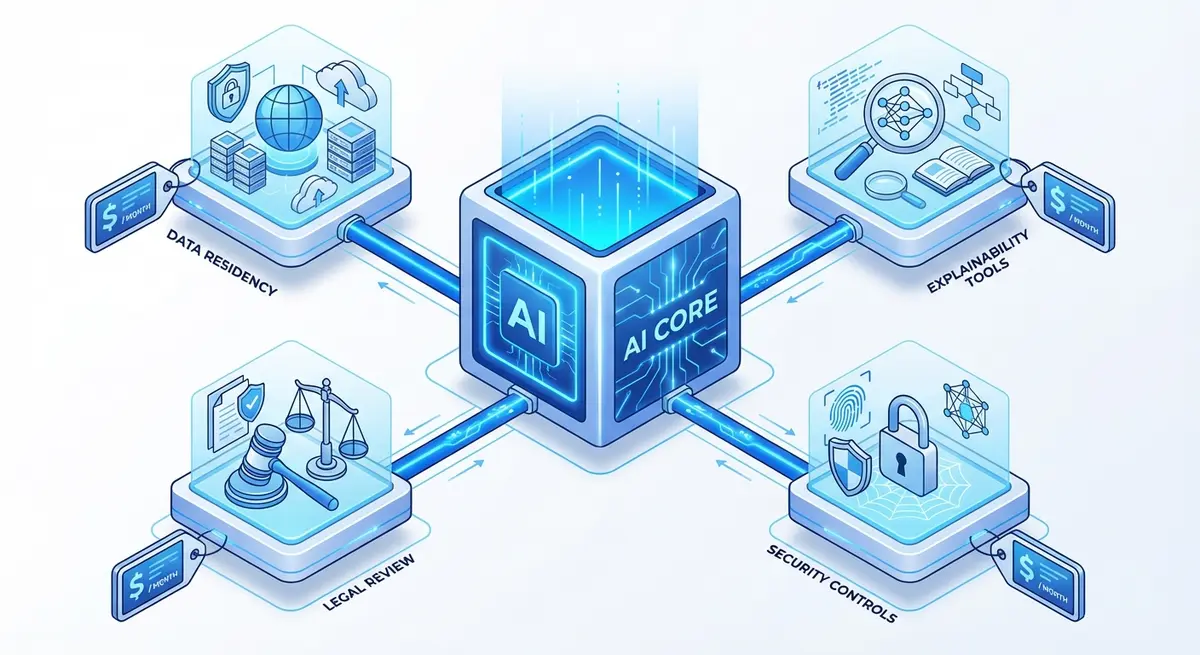 Infographic showing core cost components of AI GDPR tracking pricing including residency and legal review