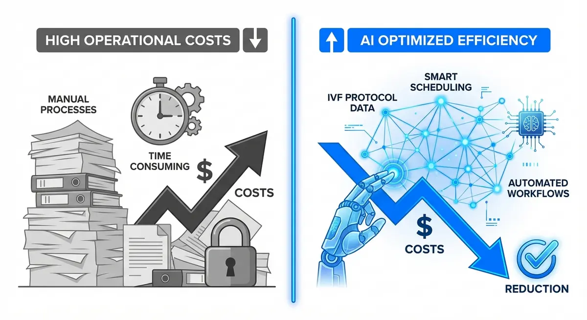 Infographic comparing manual fertility clinic costs versus AI health assistant optimization pricing benefits