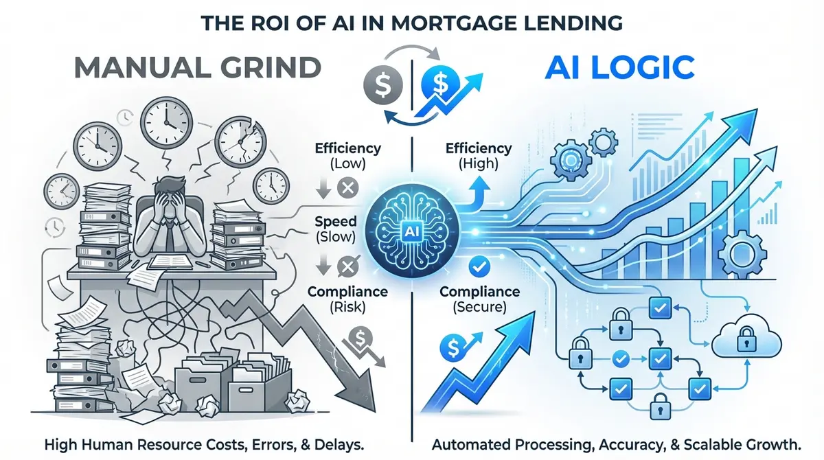 Infographic comparing manual mortgage processing costs versus AI home buying assistant efficiency gains