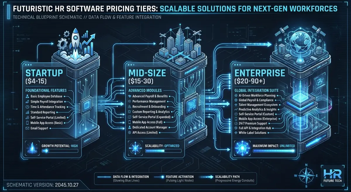 Infographic showing AI HR tool implementation pricing tiers from startup to enterprise