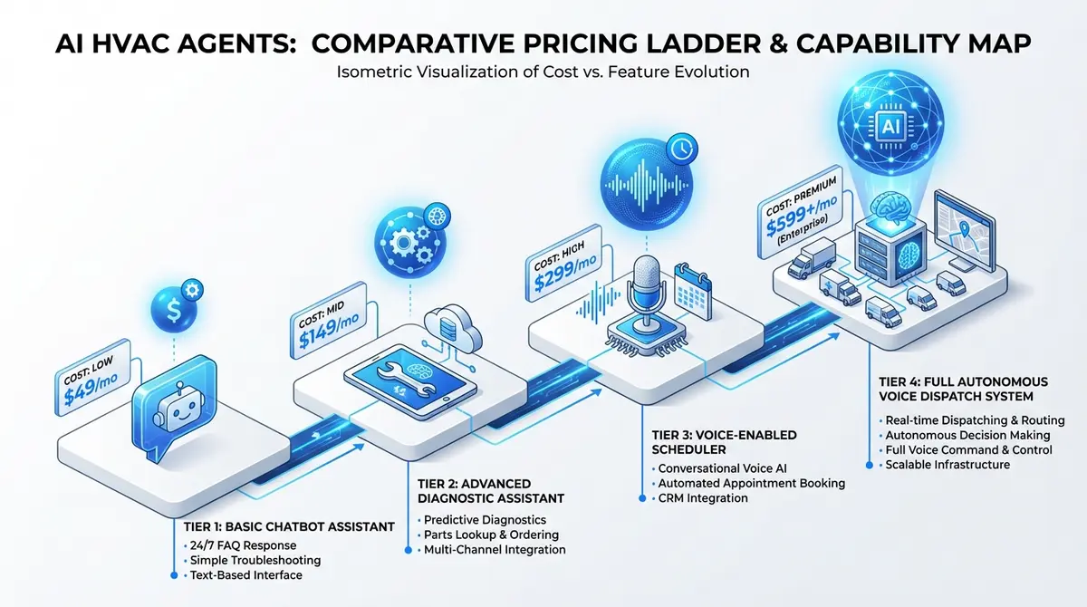 Infographic comparing AI HVAC agent cost tiers and features