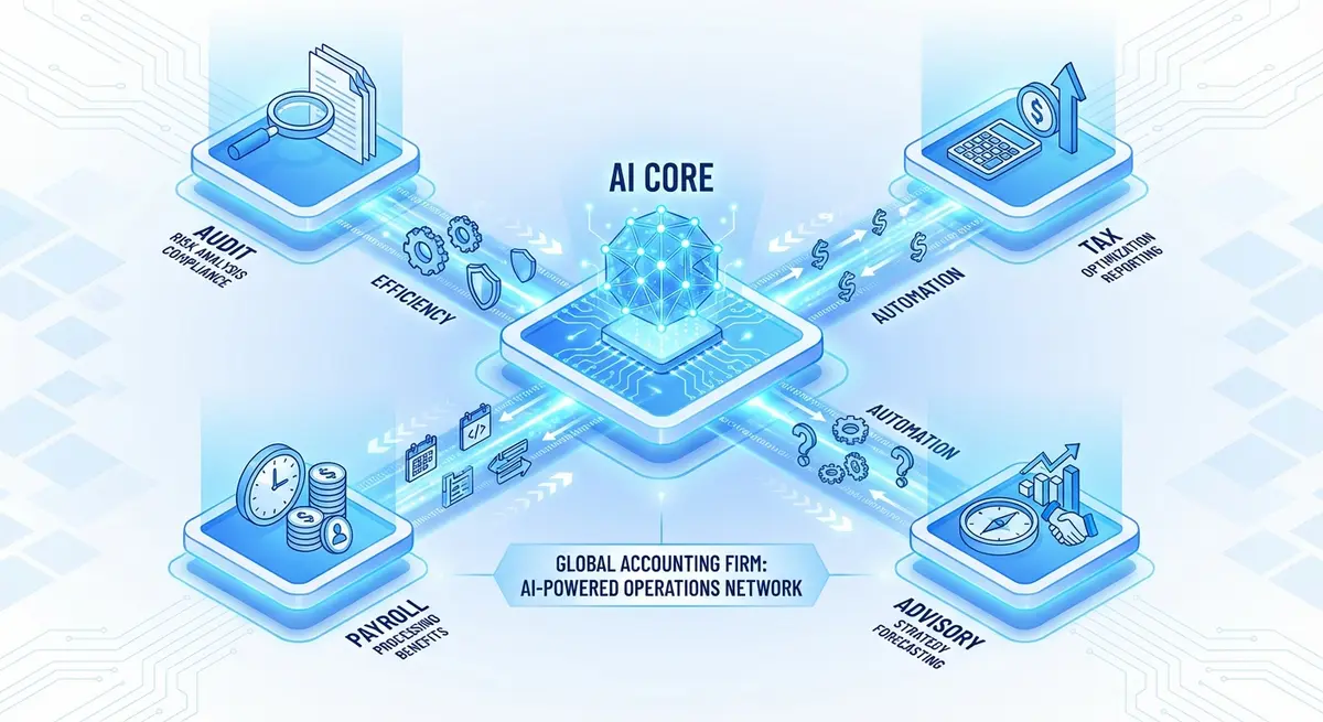 Infographic showing an AI implementation partner for accounting firms integrating audit, tax, and payroll systems