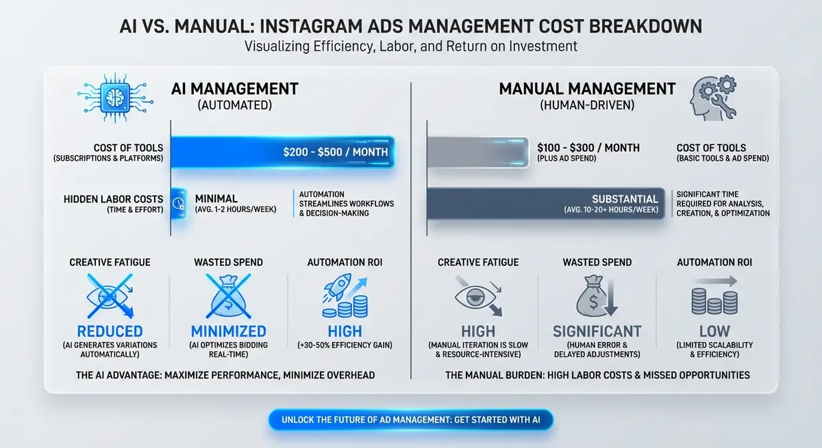 Infographic comparing manual vs AI instagram ads management cost and ROI