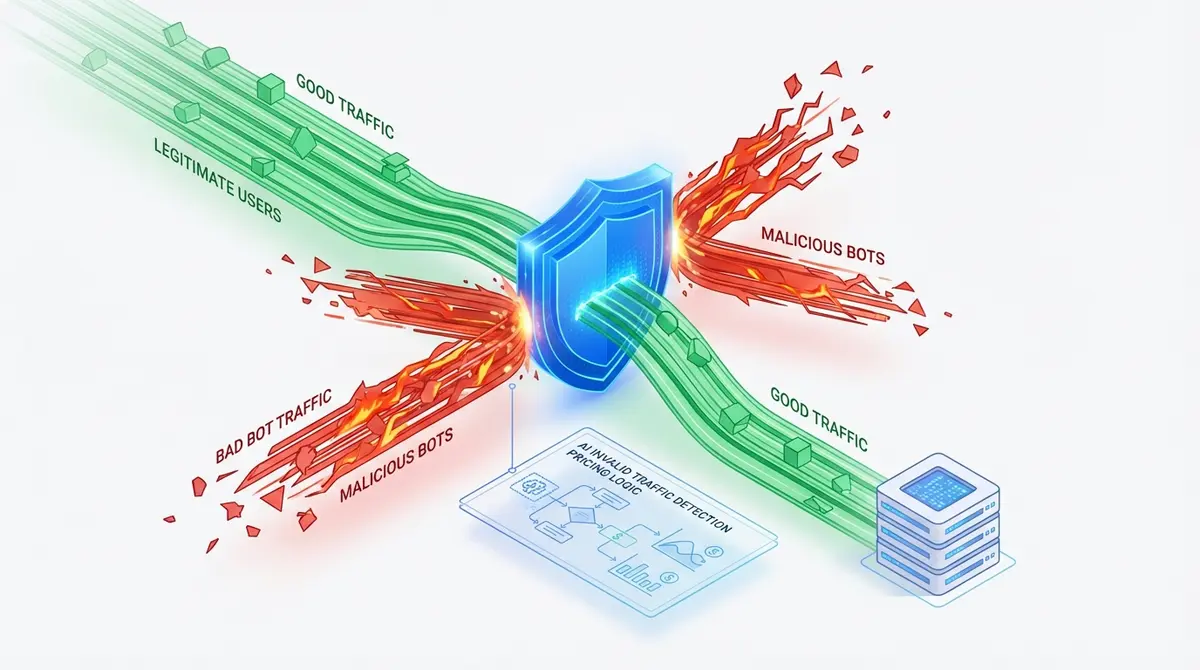 AI invalid traffic detection pricing visualized as a digital shield filtering bot traffic