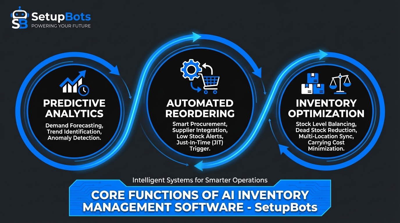 AI inventory management software infographic showing core functions