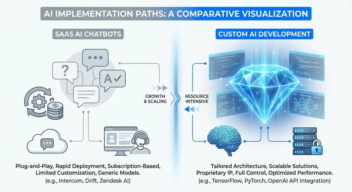 Infographic comparing saas vs custom ai jewelry store agent cost models and features