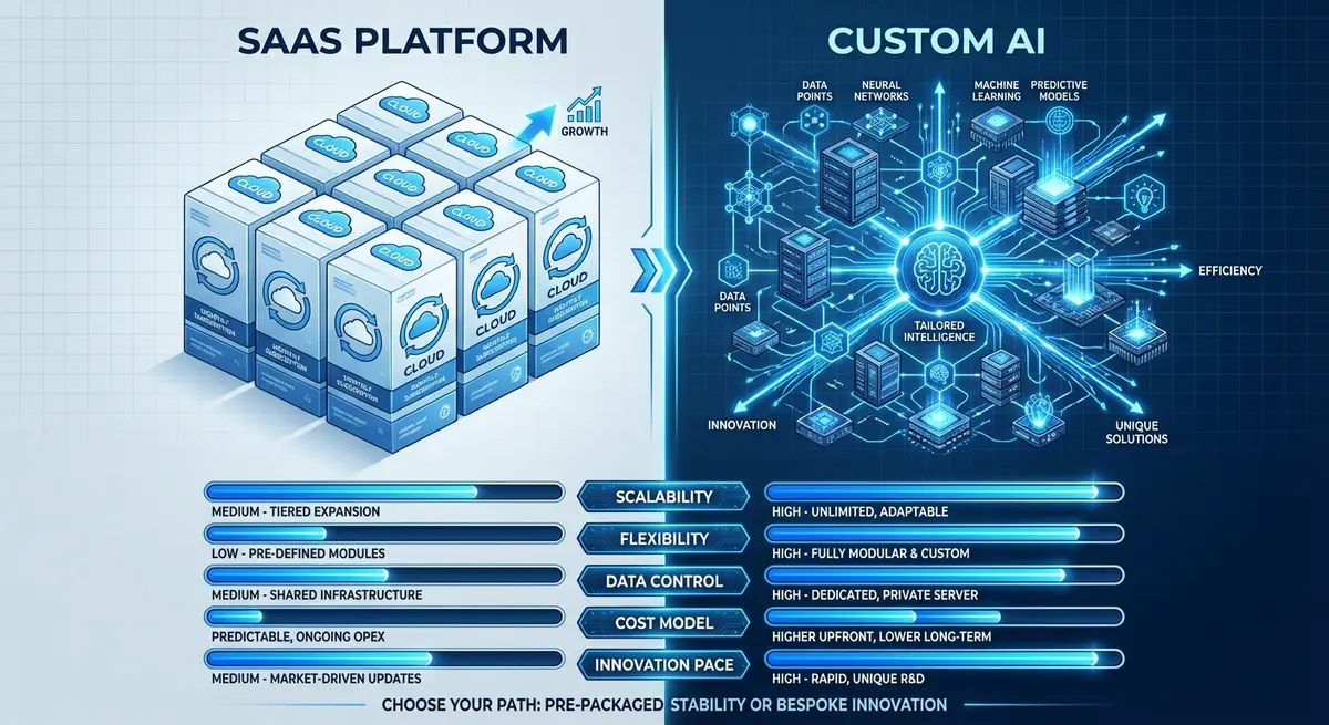 Comparison of SaaS vs Custom AI knowledge base cost models infographic