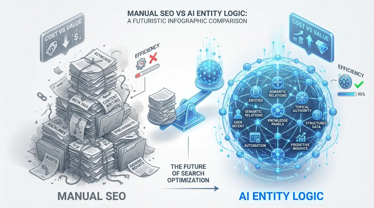 Infographic comparing manual SEO costs versus AI knowledge panel for agencies cost efficiency