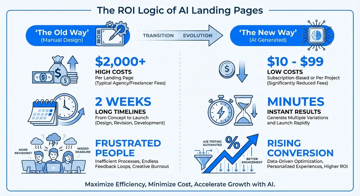 Infographic comparing ai landing page generator pricing and efficiency versus manual design costs