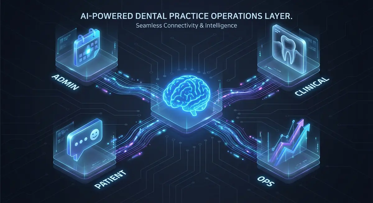 Infographic showing how an AI layer for dental practice operations connects administration, clinical diagnostics, patient engagement, and operations