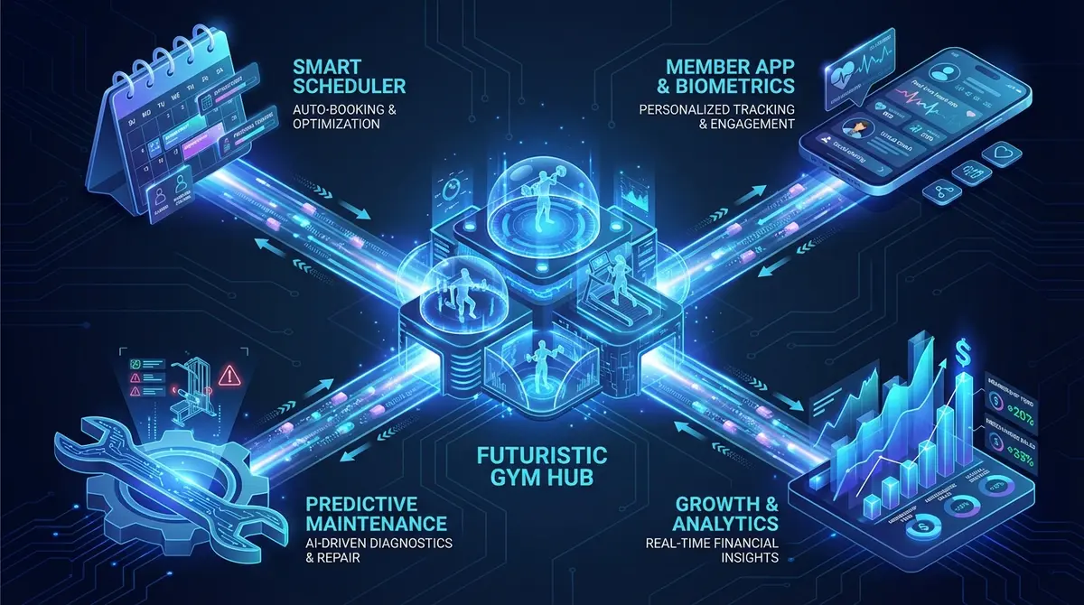 Infographic showing the connectivity of an AI layer for fitness studio automation across scheduling, maintenance, and member apps
