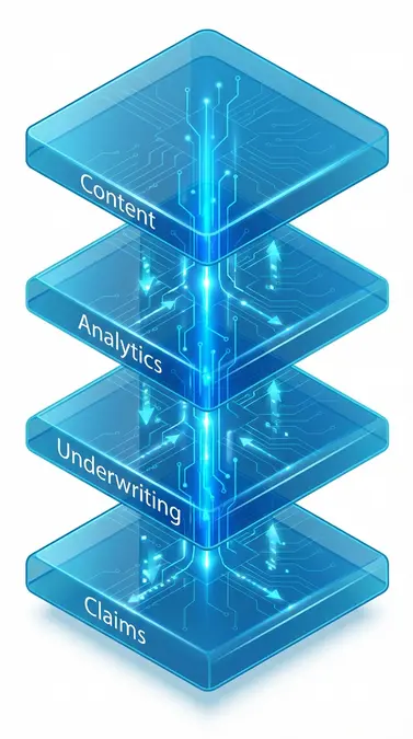 Diagram showing the key AI layers for insurance agency automation stacking to form a digital backbone