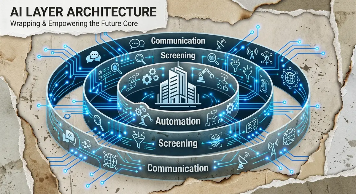 Diagram showing how an AI layer for property management company integrates with existing systems