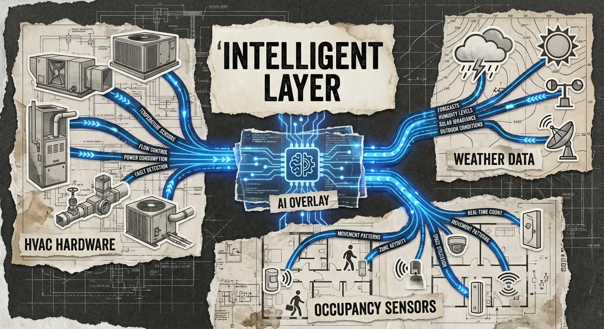 Infographic showing how an AI layer for hvac company automation integrates with existing systems