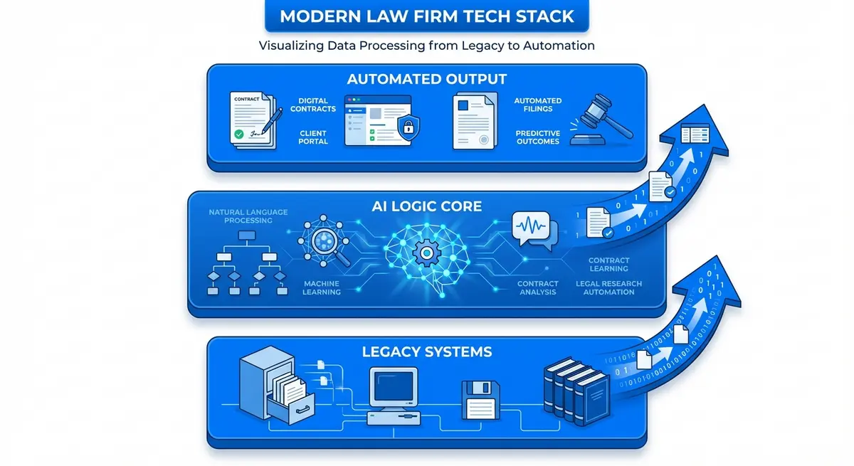 Diagram showing the architecture of an AI layer for law firm workflow automation