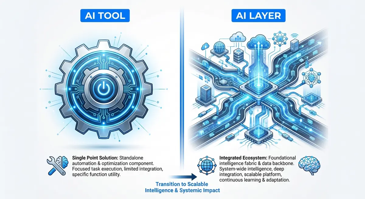 Infographic comparing ai layer vs ai tool whats the difference for business architecture