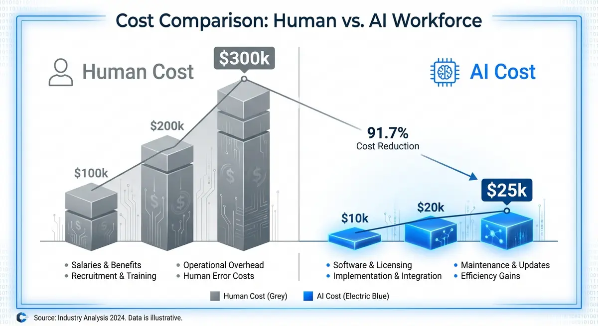 Infographic showing ai layer vs hiring employee cost comparison with 90% savings