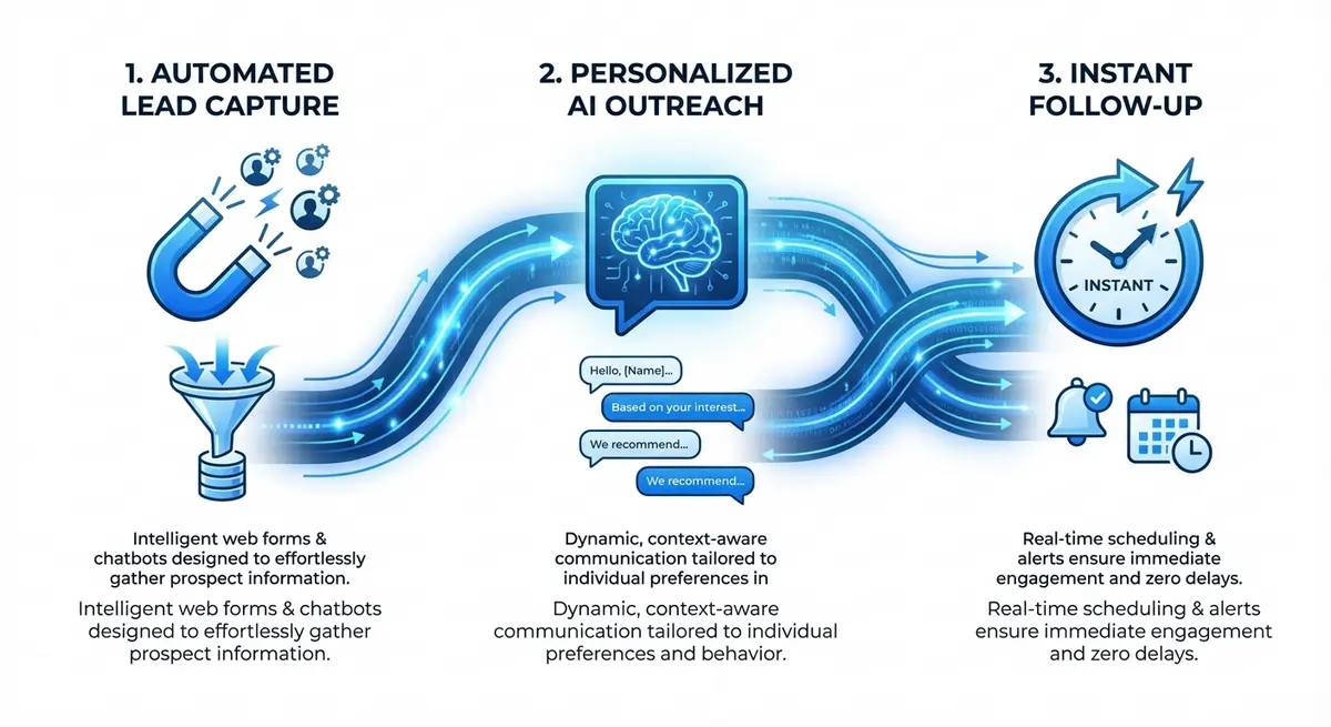 Infographic showing the core mechanics of AI lead generation outreach for gyms: capture, personalization, and follow-up