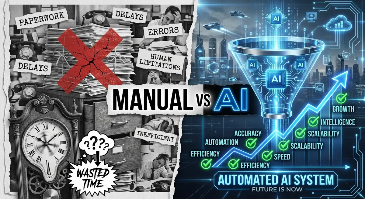 Comparison infographic showing manual vs AI lead magnet funnel cost and efficiency