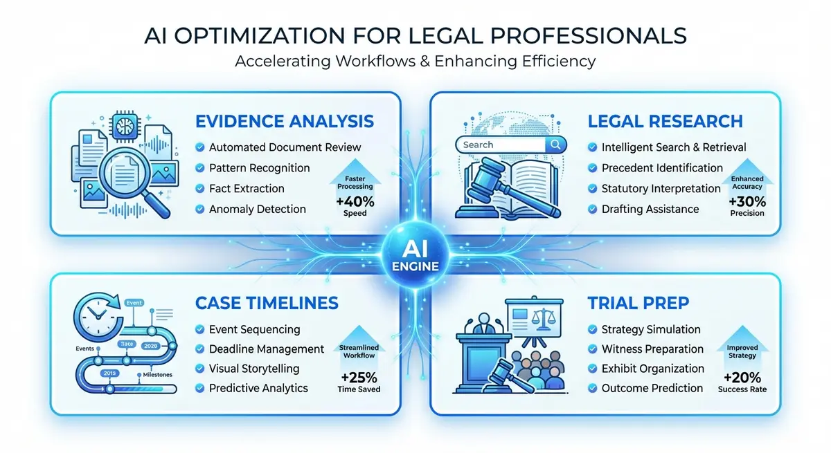 Infographic showing tactical AI strategies for criminal defense optimization including evidence analysis and trial prep