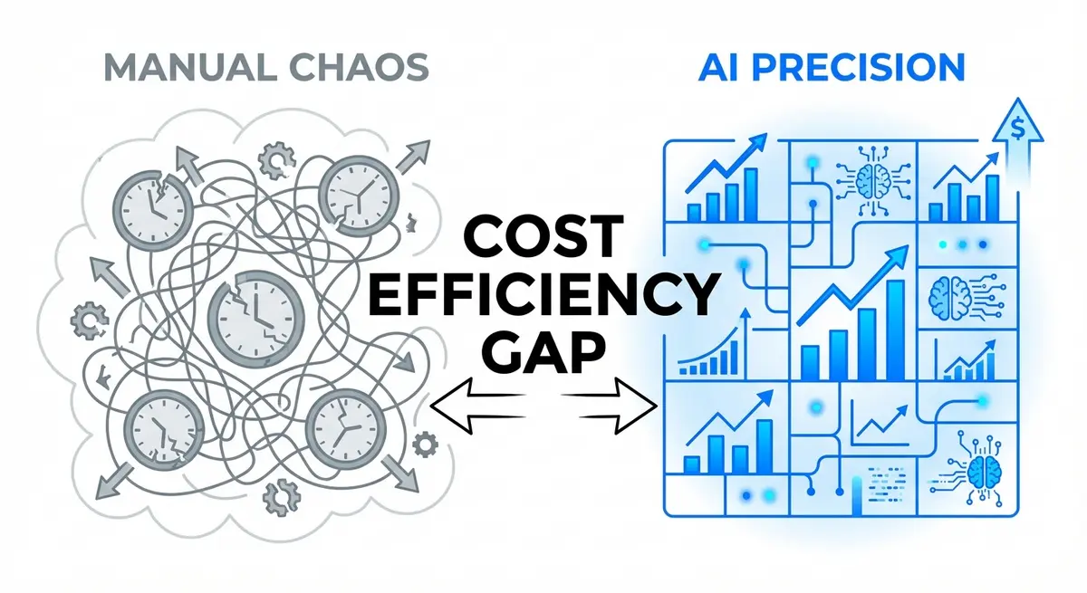 Infographic comparing manual LinkedIn ads management versus AI automation cost efficiency