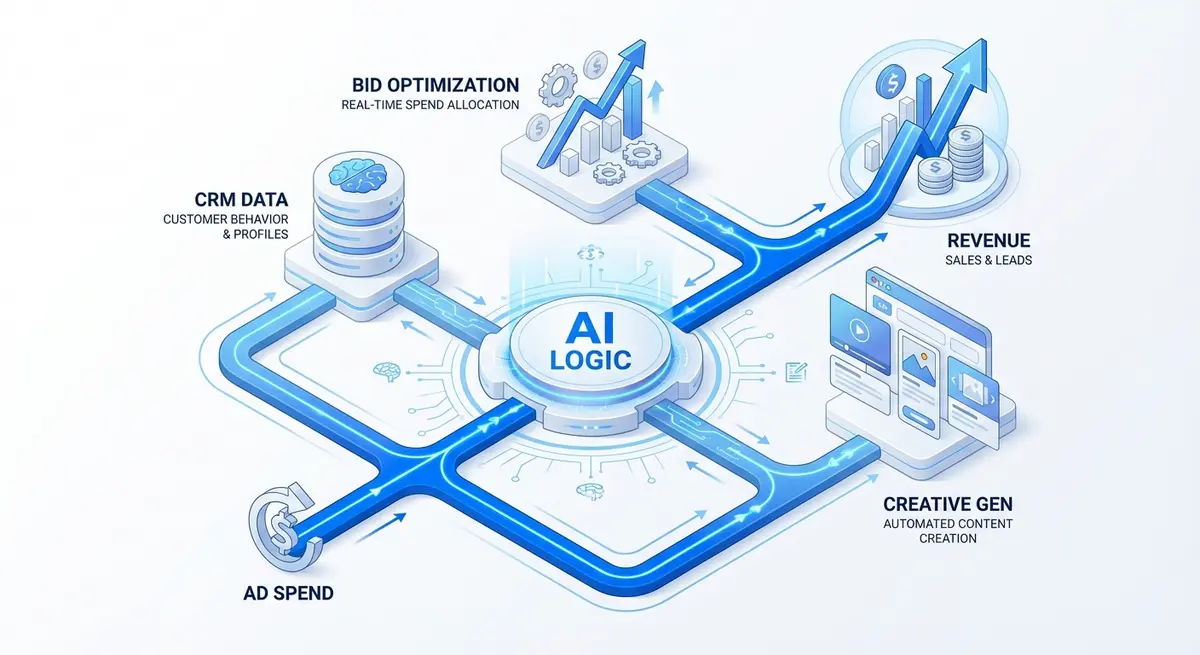 Infographic showing AI architecture for LinkedIn ads tracking pricing and optimization