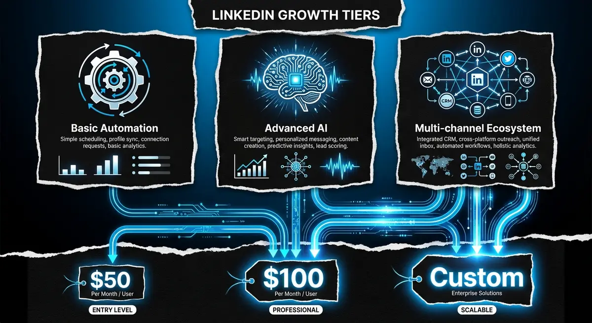 Infographic comparing AI LinkedIn management pricing tiers and features