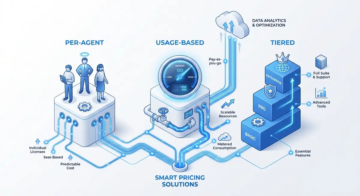 Infographic comparing per-agent, usage-based, and tiered ai live chat cost models