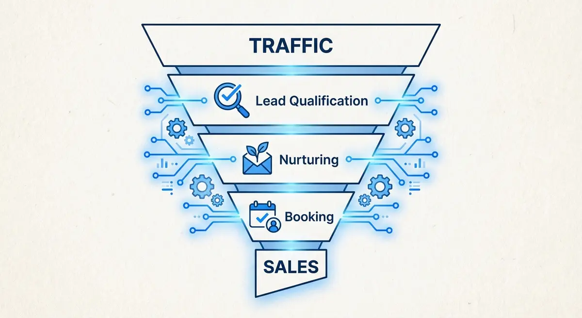 Infographic showing ai local business funnel pricing structure and automation steps