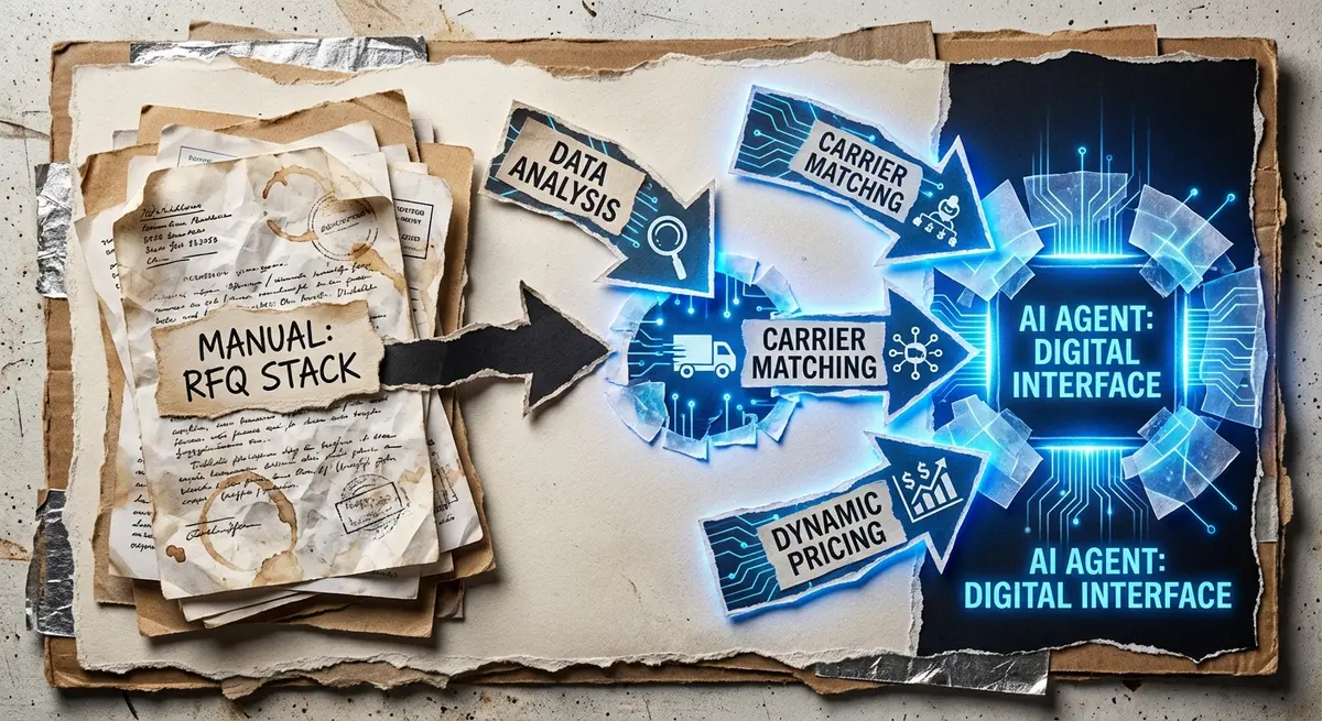 AI logistics agent pricing process flow infographic showing RFQ automation