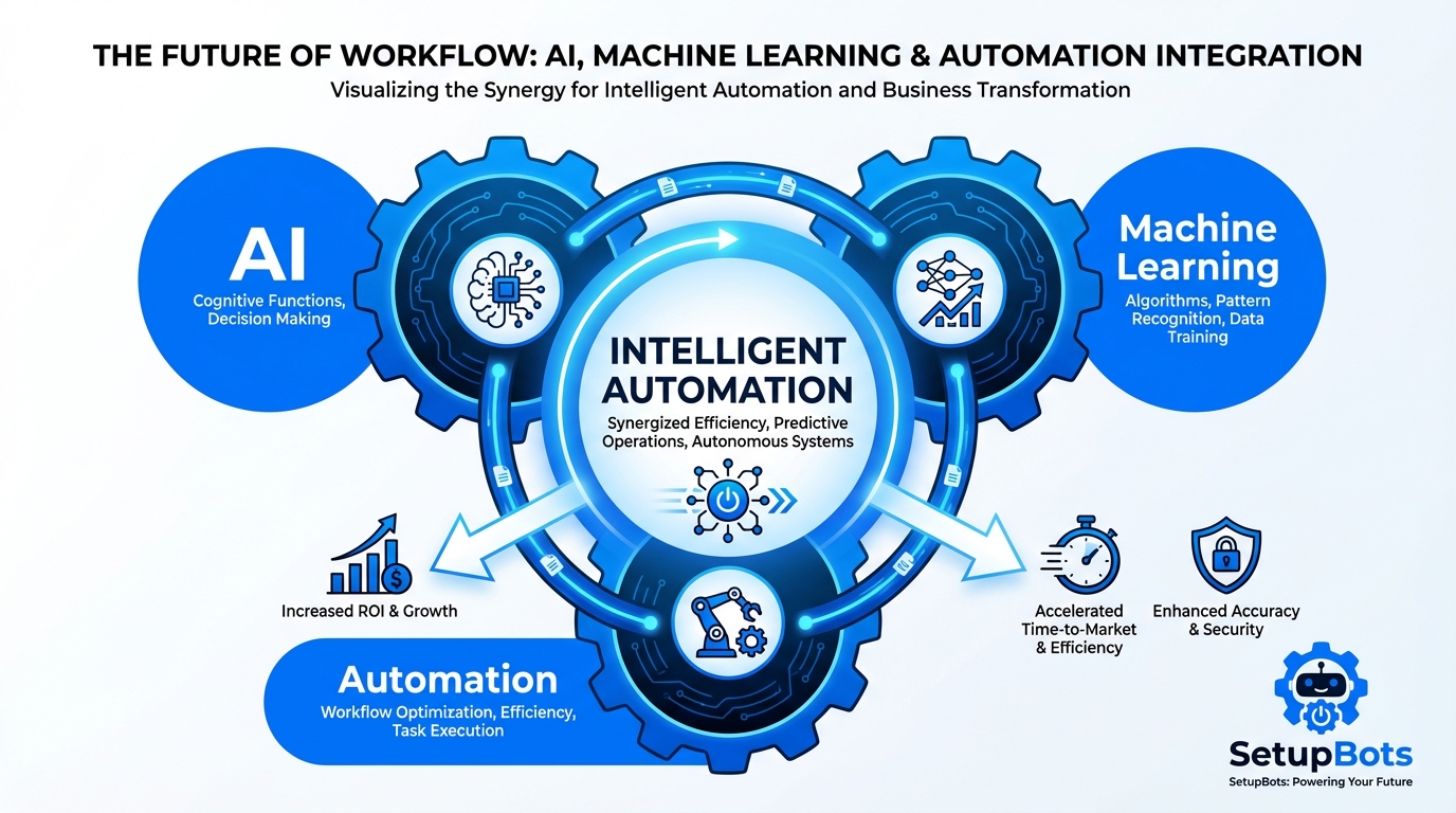 AI machine learning automation infographic showing the integration of AI, ML, and Automation