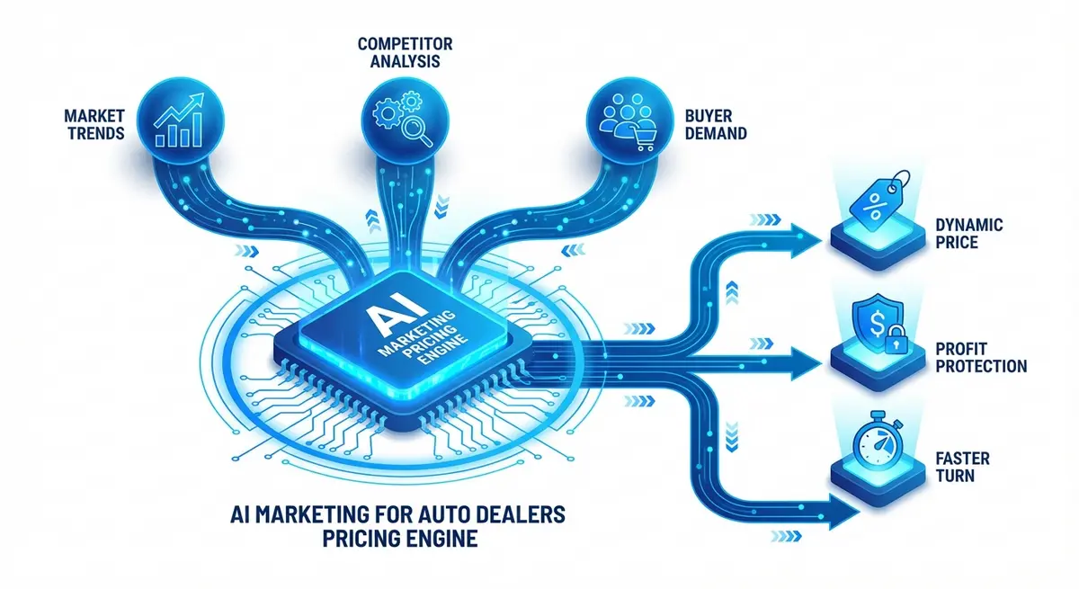 Infographic showing how AI marketing for auto dealers pricing processes data to optimize sales