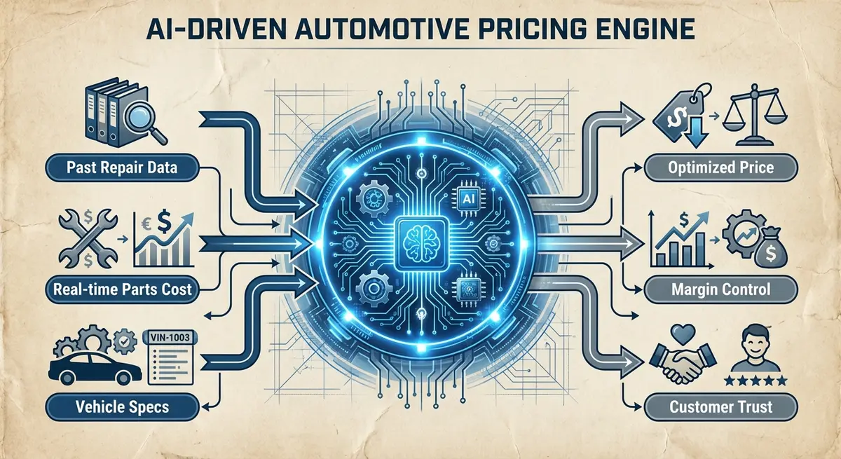 Diagram showing how AI marketing for auto repair pricing optimizes data inputs for better margins