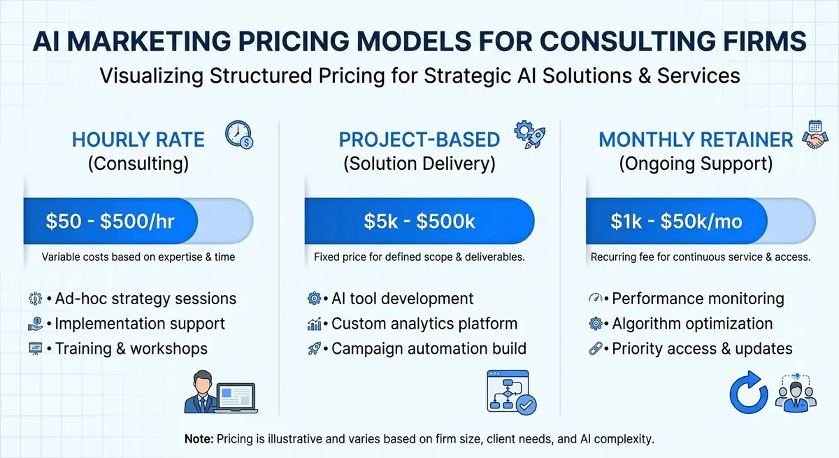 Chart showing AI marketing for consulting firms cost models: Hourly, Project, and Retainer