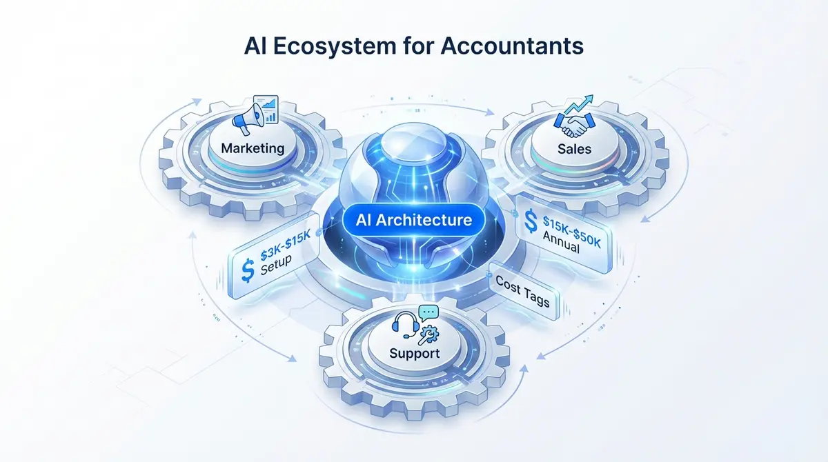 Infographic showing the breakdown of AI marketing for accountants cost across marketing, sales, and support systems