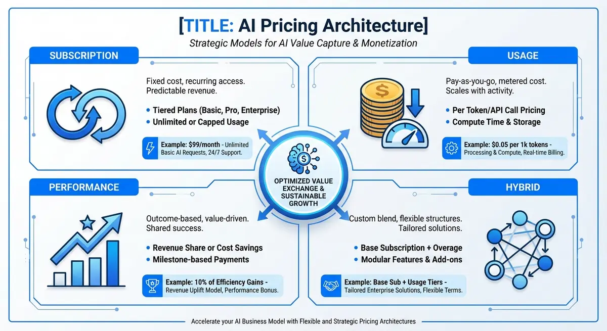 Infographic showing subscription, usage, performance, and hybrid ai marketing for agencies pricing models