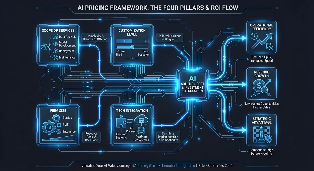 Infographic breaking down ai marketing for bankruptcy lawyers pricing factors including scope and customization