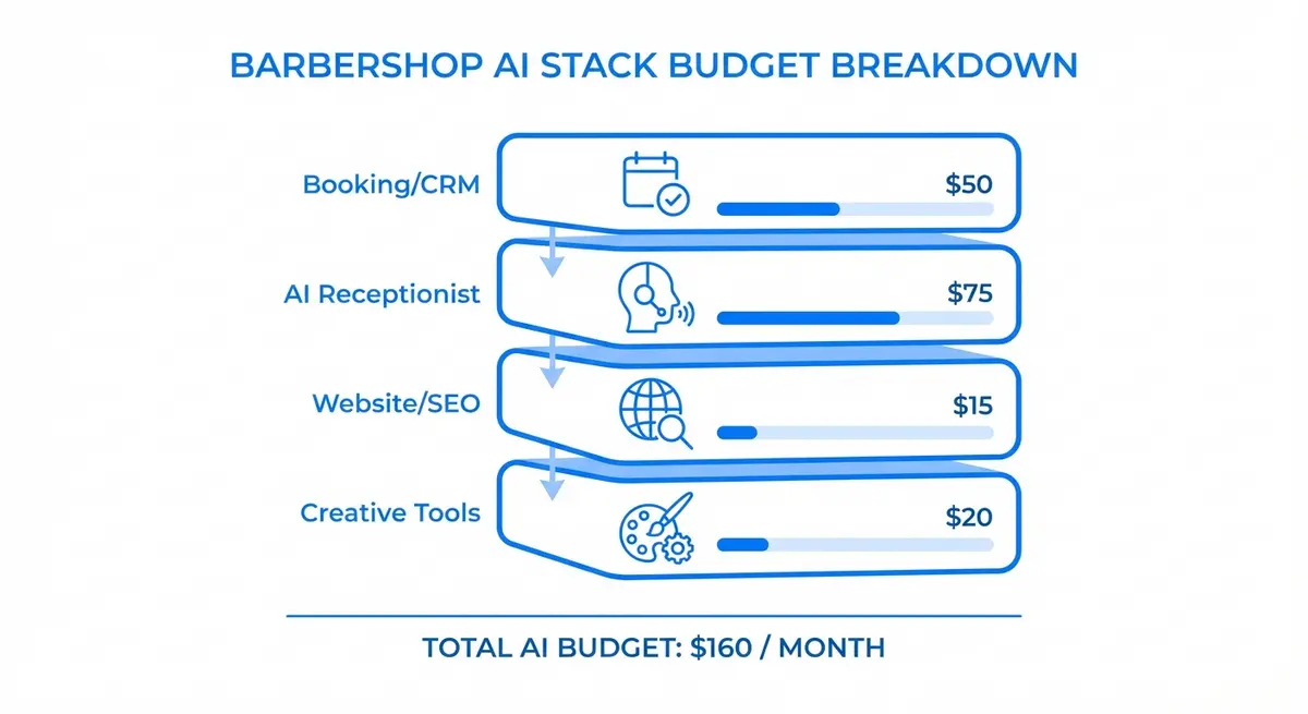 Infographic showing monthly cost breakdown of ai marketing for barber shops pricing