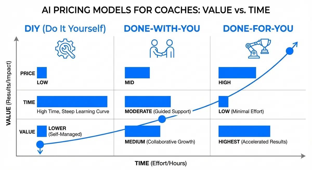 Infographic comparing DIY, Done-With-You, and Done-For-You ai marketing for business coaches pricing tiers