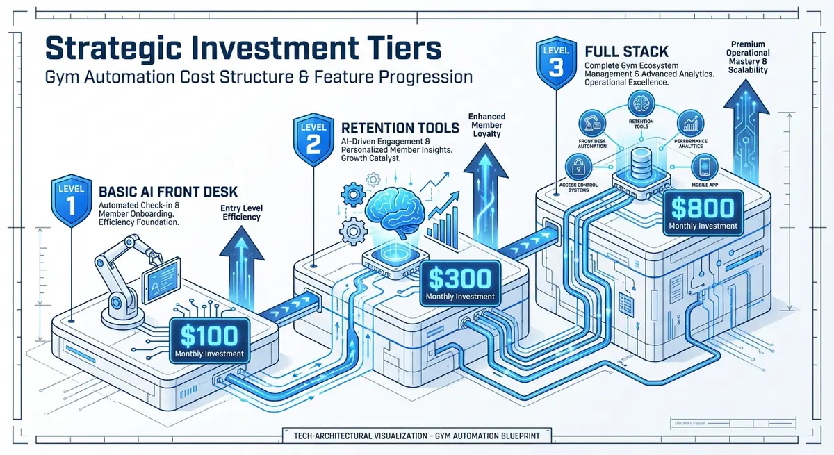 infographic showing ai marketing for crossfit gyms cost tiers