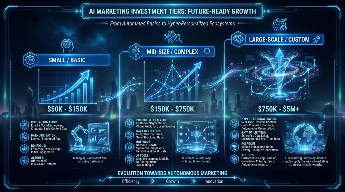 Infographic showing AI marketing for cybersecurity firms cost tiers and project scales