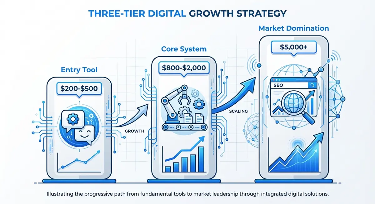 Infographic breaking down ai marketing for dentists pricing tiers from entry level to aggressive growth