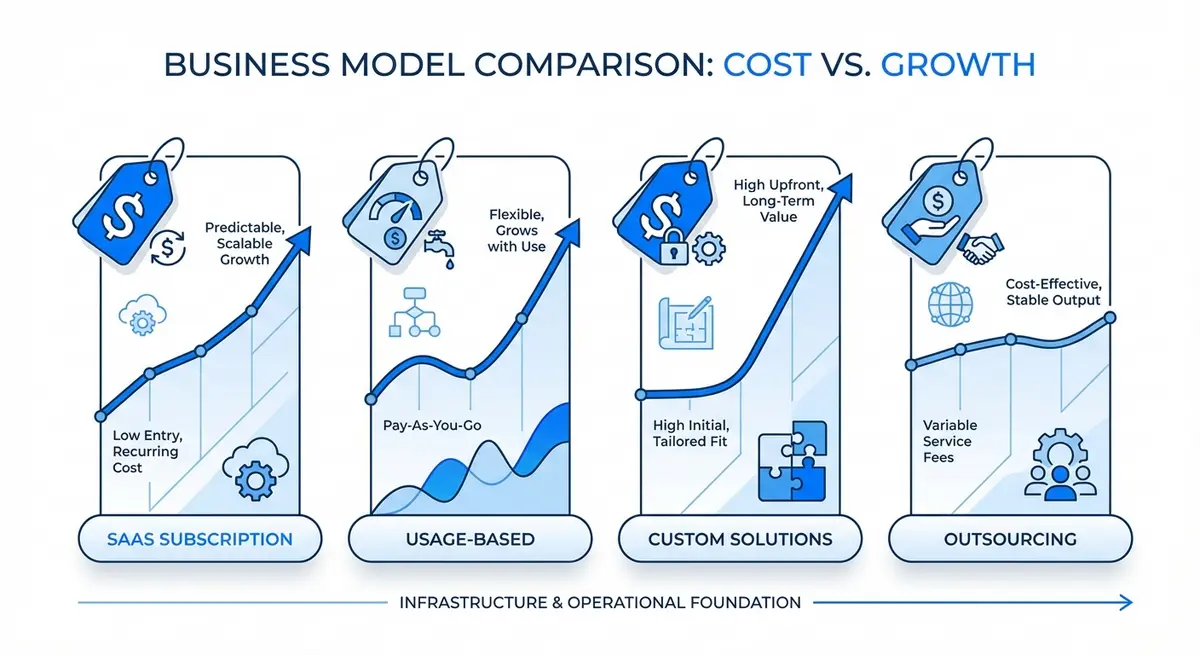 Infographic comparing ai marketing for engineering firms pricing models: SaaS, Usage-based, Custom, and Outsourcing